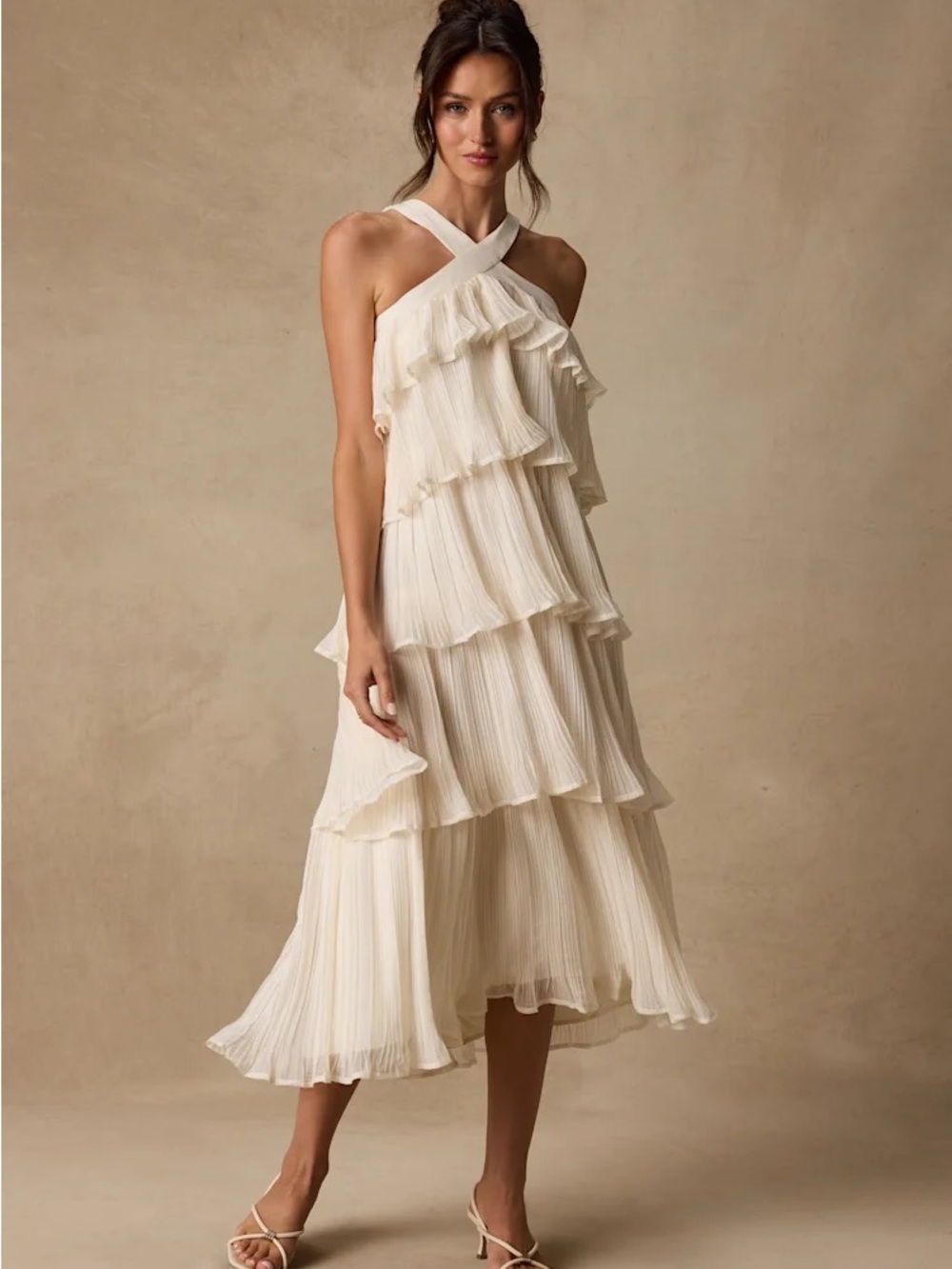 Lauretta Ivory Plisse Tiered Midi Dress - Picture 1 of 5